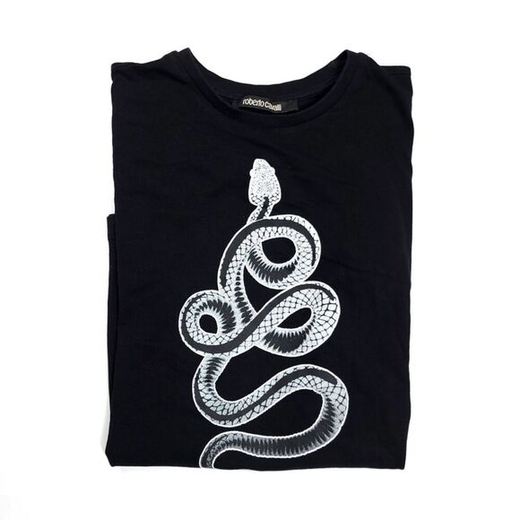 ROBERTO CAVALLI 90s Snake Print Logo Short Sleeve Crew TShirt Black Medium Y2k - Picture 7 of 9